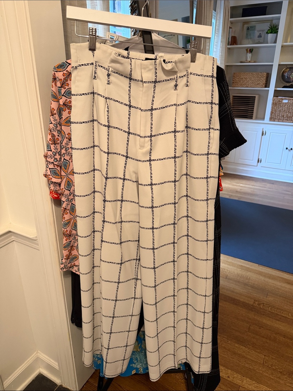 Express Cream Wide-Leg Windowpane Trousers with Black Grid
